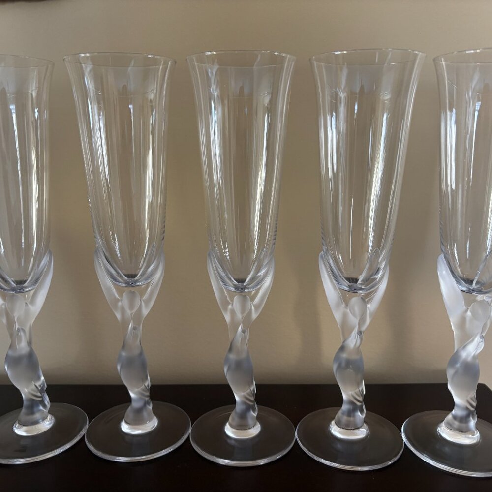 Fabergé Snow Dove Crystal Champagne Flutes–Set of 5–Franklin Mint–w/ Certificate